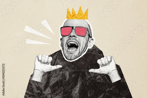 Composite photo collage of happy man point himself wear sunglass head crown vip king privilege winner isolated on painted background