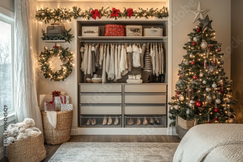 bedroom organization, a luxe bedroom with chic storage bins, shoe racks, and festive decor in an organized closet for a cozy feel