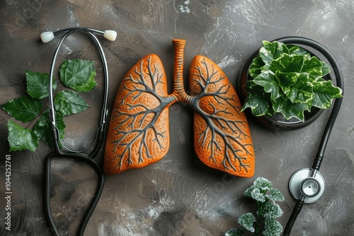 Human lungs with veins and stethoscope on grey background, healthcare concept, top view