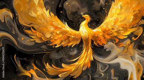 Majestic abstract golden phoenix rising with fiery wings, representing rebirth and immortality in a surreal, artistic style. Golden Phoenix. Illustration