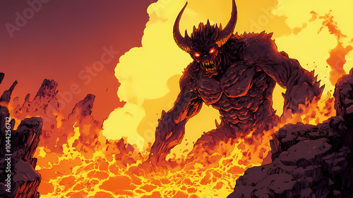 Infernal demon lord overlooking lava. Demonic Overlord. Illustration