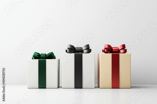 Three boxes with ribbons on them, one is white, one is green and one is red. Boxing Day concept