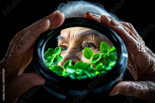 A person looking at gray hairs in a mirror, smiling softly, symbolizing the acceptance of aging and realityâ€™s inevitable changes