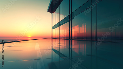 Sunset view from terrace of modern building. Business center with panoramic glazing near sun setting behind horizon. Beautiful sunset near architecture