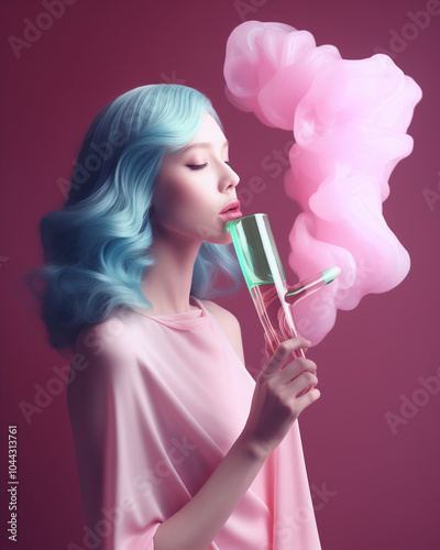 Woman model inhaling and relaxing with glass bong, vapor and cloud of smoke. Minimal creative concept of vaping, drug addiction and narcotics.