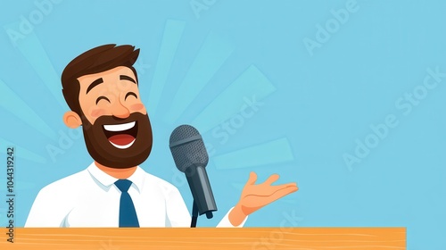 An animated man with a beard enthusiastically speaking into a microphone at a podium, set against a blue background with subtle rays, symbolizing communication and charisma.