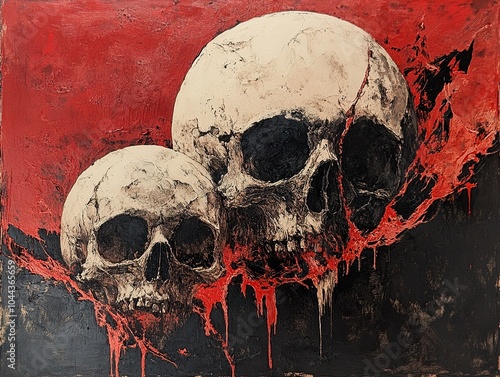 Two Skulls in Red: A Dark and Eerie Painting