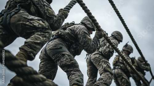 Soldiers climbing ropes in military training, showcasing teamwork and physical endurance.