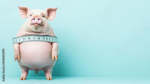 Piggy on a Diet: A playful piglet wrapped in a measuring tape, a humorous take on weight loss and healthy living. The pig's expression is a blend of determination and amusement.