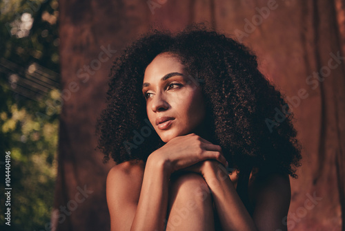 Portrait of charming gentle tender lady wear lingerie sensual photo session outside isolated on brown textile background