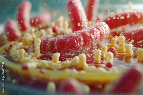 Close-up of bacteria colonies digesting food waste on an agar plate, photorealistic, vivid textures, lab setting