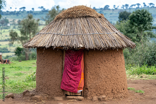 A traditional Maasai hut in Kenya, made from mud, sticks, and thatch, with a rural landscape in the background