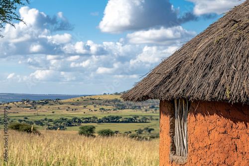 A traditional Maasai hut in Kenya, made from mud, sticks, and thatch, with a rural landscape in the background