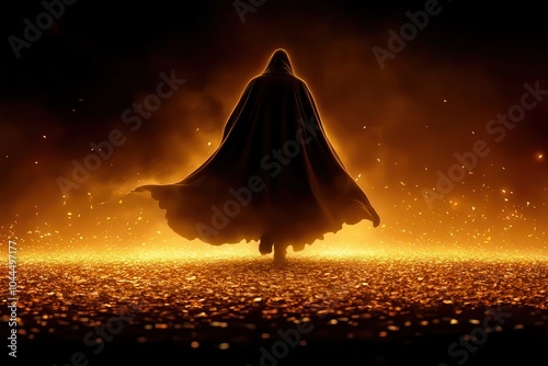 Mysterious figure in cloak, illuminated by glowing golden light.