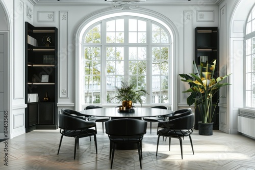 White CEO office with round table black chairs tall windows.