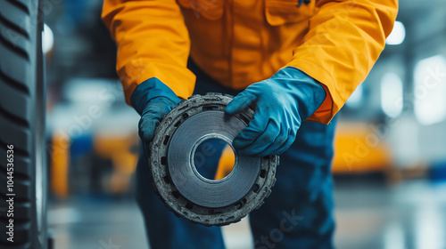 A mechanic carefully handles a brake disc in a workshop, showcasing expertise in automotive maintenance and repair procedures.