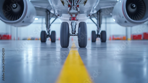 Close-up view of airplane landing gear on a clean runway in a hangar, showcasing the intricate details of aviation engineering.