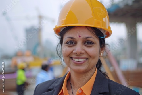 Happy Indian woman construction manager in helmet dedicated and confident.