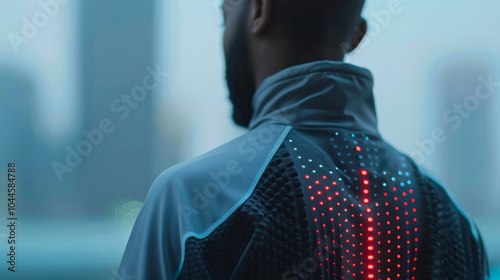 Futuristic smart clothing with advanced body temperature regulation worn by individual in urban setting showcasing innovative wearable health technology for continuous wellness monitoring