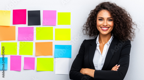 Professional dark-haired finance intern beauty smiling with arms crossed and colorful empty notes hanging on a wall on isolated white background