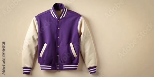 Stylish purple and cream varsity jacket against neutral background, fashion, jacket, varsity, stylish, purple, cream, trendy