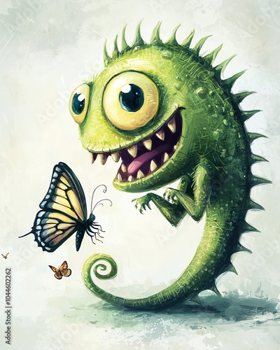 Whimsical cartoon venus flytrap playing with a butterfly, playful character design