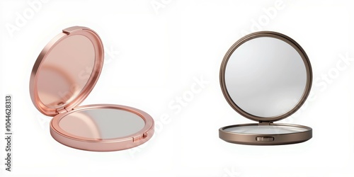 Stylish compact mirrors on white background