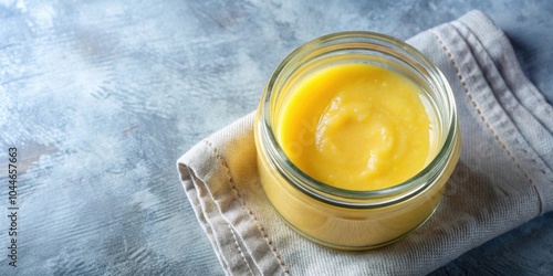 Top view of a glass jar filled with ghee butter, ghee, butter, glass jar, top view, dairy product, healthy, organic