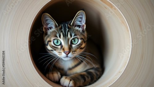 beautiful green-eyed cat sitting comfortably in a cozy circular spot