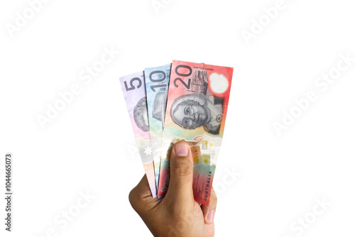 close up of man hand holding Australian dollar cash isolated on white background