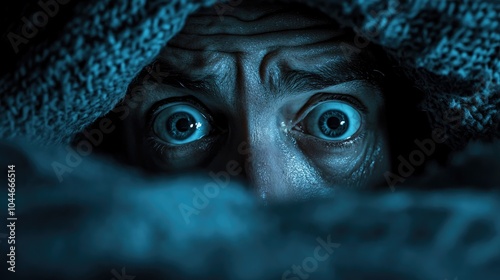 Man experiences a nightmare awakening in terror and staring into the camera with wide eyes The image captures the theme of insomnia and fear