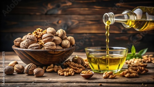 Cinematic shot of unrefined walnut oil pouring into a container, walnut oil, pouring, container, food, ingredient, liquid