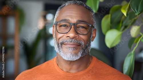 Cheerful and Content Middle Aged Man with Glasses Basking in the Gentle Warmth of Sunlight Indoors at His Home Exuding a Relaxed and Positive Aura