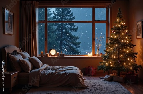 Cozy bedroom with a bed by window with Christmas decor and a Christmas tree and warm light garlands and candles - inside view in winter and snow. Celebrate Christmas and New Year, Christmas mood. 