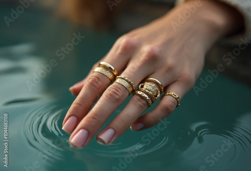 A woman's hand touching water at the surface. The rings on her finger are gold and elegant with immense detail and sheen