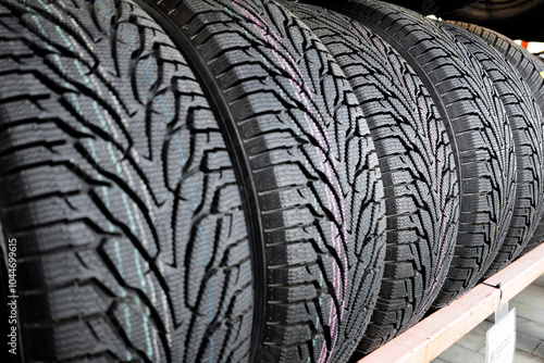 Winter car tire close up. Winter tire, friction for snow and ice. asymmetrical tread pattern