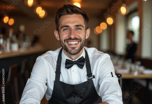 Smiling man wearing a black bow tie and apron, likely a chef or waiter, is seated at a table in a restaurant setting