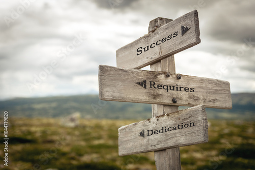 success requires dedication text quote written on wooden signpost at the crossroads outdoors in nature.