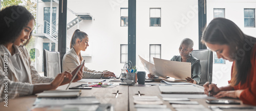 Business, women and boardroom in meeting as fashion designer for creative project and clothes collection. People, employees and textiles at office for creativity, sketching and research for trends