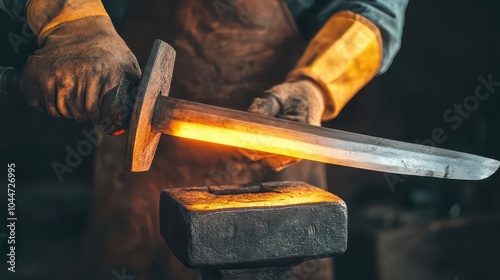 A skilled blacksmith shapes a glowing sword blade, showcasing traditional craftsmanship in an artistic forge environment.