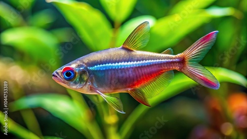 Tropical freshwater aquarium with Emperor tetra fish and lush plants