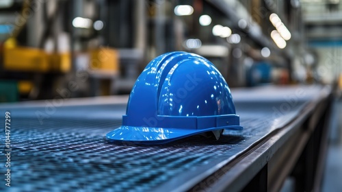 A blue safety helmet placed on a metal surface in an industrial setting