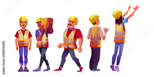 Construction workers wearing yellow hard hats and reflective vests in various poses. Cartoon vector set of diverse building characters - man carrying box and walking, reaching up and holding tablet.