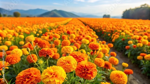 Vibrant field of marigolds and nasturtiums flowers at a tilted angle