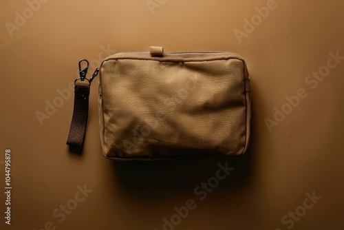 Brown fabric pouch on a neutral background