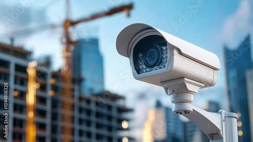 Close-up of a security camera overlooking a construction site in an urban environment.