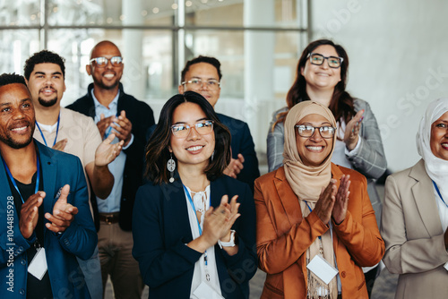 Diverse group of professionals applauding at a seminar, expressing happiness and engagement in a corporate event setting