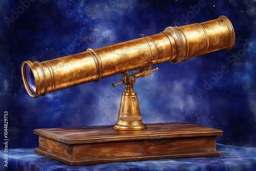 Antique Brass Telescope on Wood Platform, Astronomical Instrument, Observatory