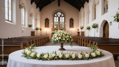 Round table with missals, candle holders and decorative flowers in the church arranged for wedding