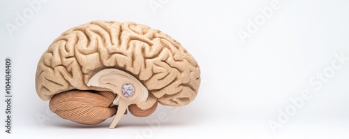 A realistic model of a human brain showcasing its intricate structure, highlighting the cerebral and cerebellar regions against a neutral background.